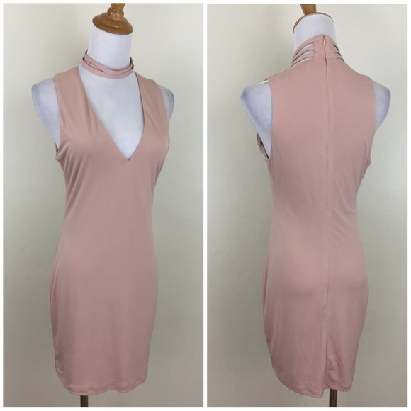 NWT DANCE + MARVEL Nude Strappy Collar Neck Cut Out Front Dress - Picture 1 of 10